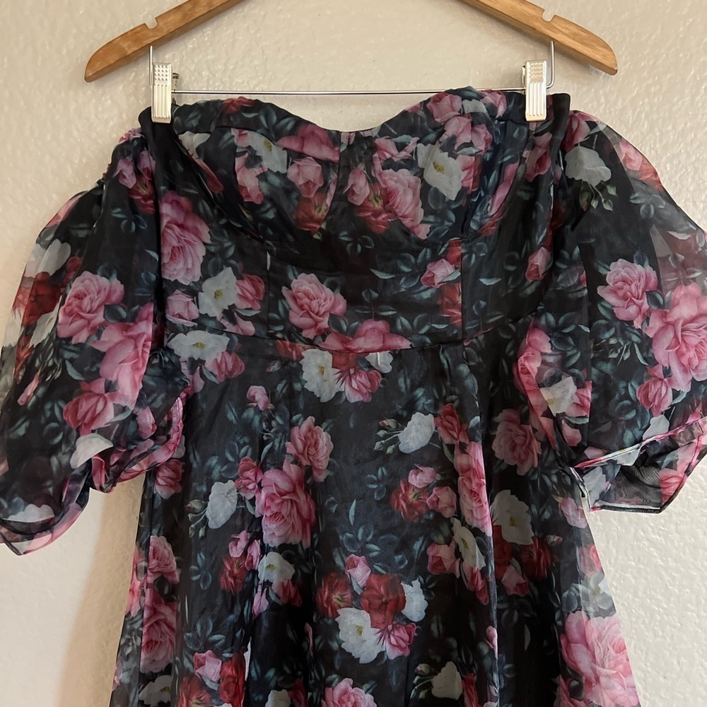 NWOT True Excellence Black Floral Bustier Off-The-Shoulder Maxi Dress - Picture 4 of 9